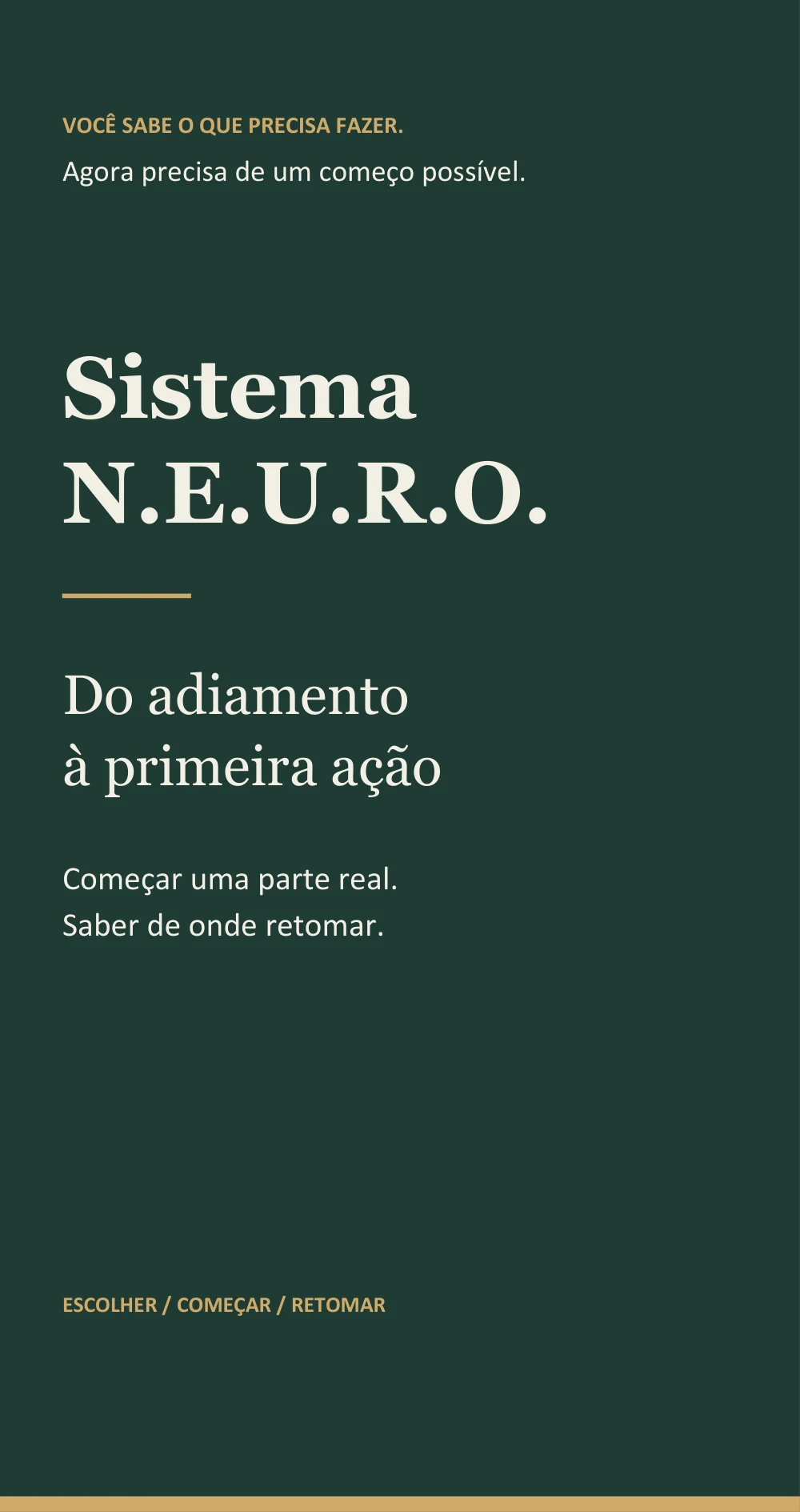 Capa real do Sistema N.E.U.R.O. — Do adiamento à primeira ação. Começar uma parte real. Saber de onde retomar.